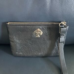 Kate Spade Wristlet Black Pebble Leather Striped Lining Gold Hardware Bow